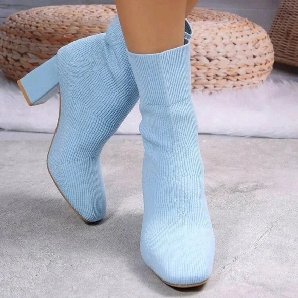Fashion Blue Boots For Women, Minimalist Chunky Heeled Slip On Sock Boots - Picture 3 of 7